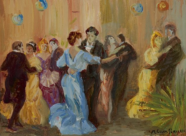 Maria Caccia Perlasca | De dansavond in Morcote, Zwitserland, olieverf op paneel, 23,2 x 29,6 cm, gesigneerd r.o.