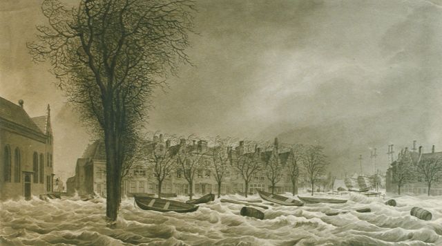 Johannes Hermanus Koekkoek | Gezicht op de Steenen Beer in Vlissingen, tijdens de Zeeuwse overstroming op 14 en 15 januari 1808, pen en gewassen inkt op papier, 22,5 x 40,0 cm