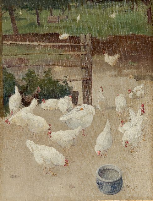 Evert Jan Ligtelijn | Gans en kippen op het erf, olieverf op doek op paneel, 43,6 x 33,5 cm, gesigneerd r.o.