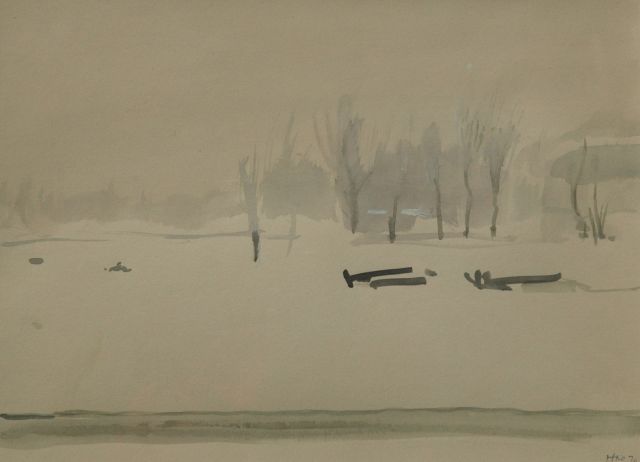 Harm Kamerlingh Onnes | Winter in het park, aquarel op papier, 22,2 x 29,9 cm, gesigneerd r.o. met monogram en gedateerd '70