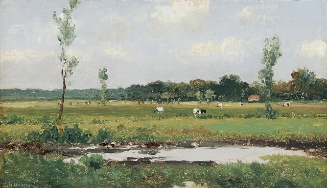 Jan Hendrik Weissenbruch | Landschap met koeien, olieverf op doek op paneel, 15,8 x 26,9 cm, gesigneerd l.o.