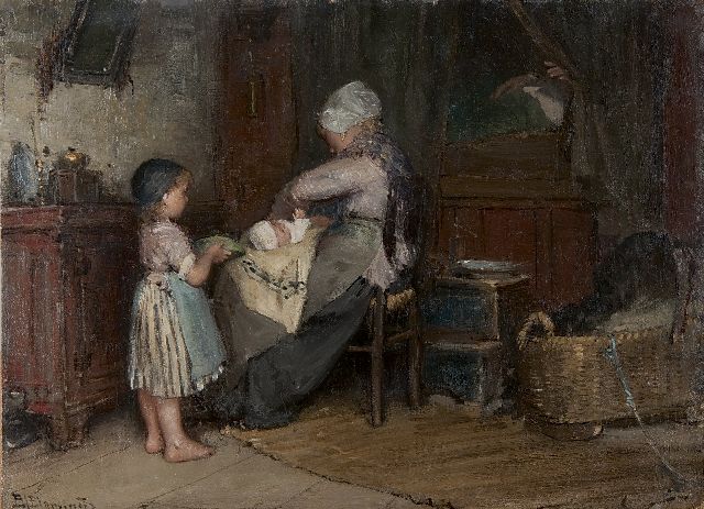 Bernard Blommers | Moeders hulp, olieverf op paneel, 23,6 x 32,0 cm, gesigneerd l.o. en te dateren ca. 1875