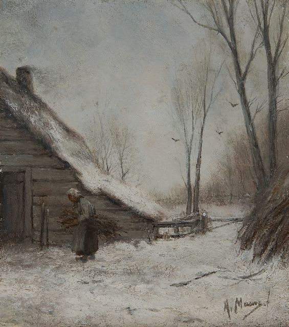 Anton Mauve | Sneeuwlandschap met boerin, olieverf op paneel, 22,0 x 19,9 cm, gesigneerd r.o.