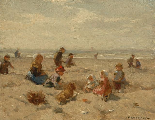 Johannes Evert Akkeringa | Spelende kinderen op het strand, olieverf op paneel, 17,9 x 22,6 cm, gesigneerd r.o.