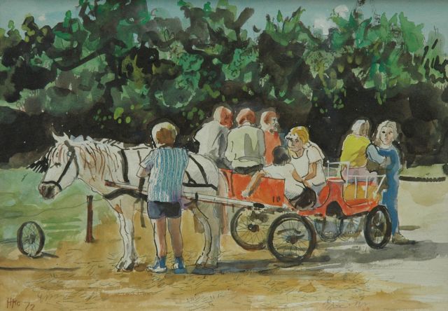 Harm Kamerlingh Onnes | In de ponywagen, potlood, pen en aquarel op papier, 16,2 x 23,3 cm, gesigneerd l.o. met monogram en gedateerd '72