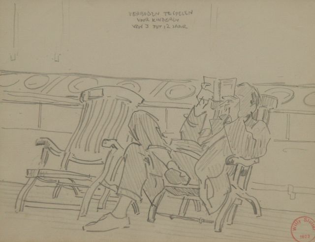 Willy Sluiter | Aan dek op weg naar Indië, potlood op papier, 17,3 x 21,8 cm, gesigneerd r.o en verso met naamstempel en gedateerd 1923