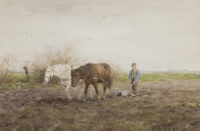 Adriaan Groenewegen | Ploegende boer, aquarel op papier, 35,2 x 52,4 cm, gesigneerd l.o.