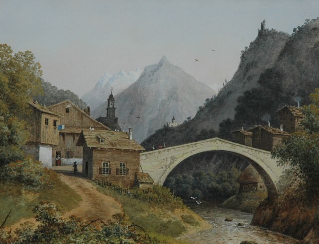 Josephus Augustus Knip | Gezicht op de brug van Binn met de Matterhorn, Zwitserland, aquarel en gouache op papier, 22,1 x 29,1 cm, gedateerd op loden beschermblad Junij 1842