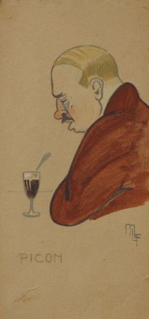 Flize M. la | Het glaasje picon, aquarel op karton 20,1 x 9,7 cm, gesigneerd r.o. met monogram