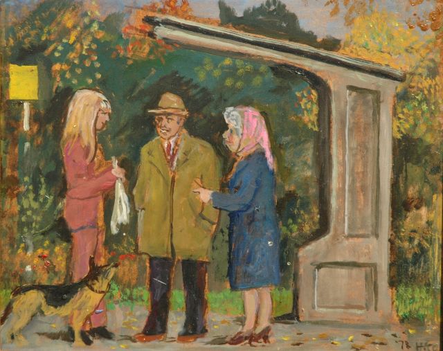 Harm Kamerlingh Onnes | Een praatje bij de bushalte, olieverf op board, 27,2 x 33,5 cm, gesigneerd r.o. met monogram en gedateerd '78