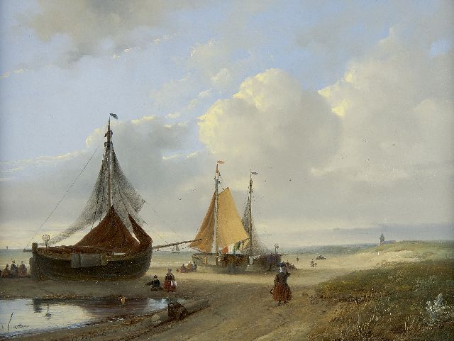 John Franciscus Hoppenbrouwers | Bomschuiten op het strand, olieverf op paneel, 28,4 x 37,4 cm, gesigneerd l.o. en gedateerd 1853