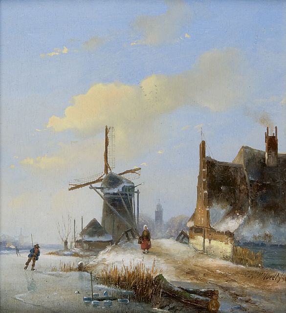 Jan Hendrik Willem Hoedt | IJsgezicht met molen, schaatser en wandelaar, olieverf op paneel, 20,5 x 18,0 cm, gesigneerd r.o. en gedateerd '46