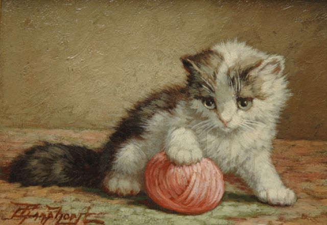 Cornelis Raaphorst | Kitten met knot wol, olieverf op paneel, 13,5 x 18,4 cm, gesigneerd l.o.