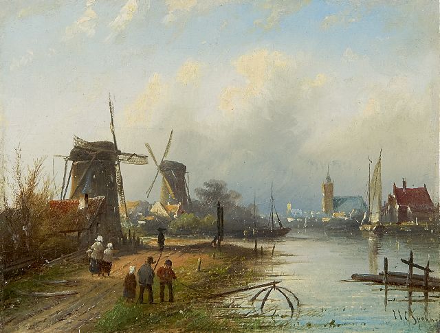Jacob Jan Coenraad Spohler | Zomers riviergezicht met molens, olieverf op paneel, 15,8 x 20,6 cm, gesigneerd r.o.