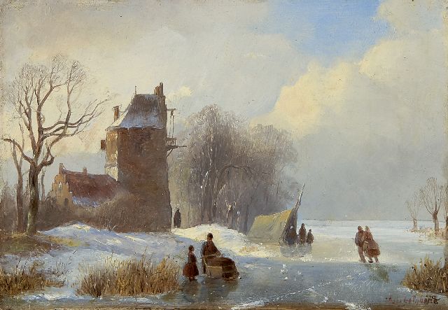 Jan Jacob Spohler | Winterlandschap met schaatsers en koek-en-zopie, olieverf op paneel, 16,8 x 23,8 cm