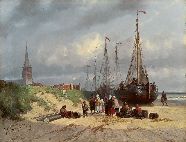 Jan Gerard Smits | Bomschuiten en vissers op het strand van Scheveningen, olieverf op paneel, 22,4 x 29,4 cm, gesigneerd l.o. en gedateerd '55