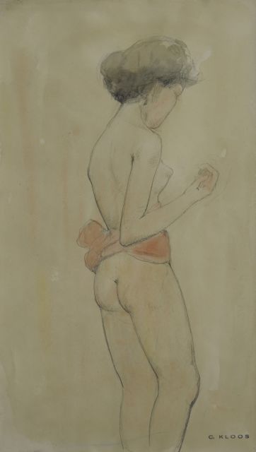 Kloos C.  | Meisje met rode doek om middel, potlood en aquarel op papier 30,7 x 17,9 cm, gesigneerd r.o. met stempel en te dateren 16-2-1942