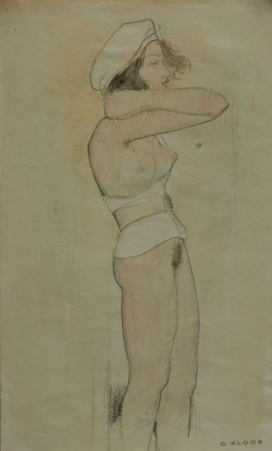 Cornelis Kloos | Meisje met wit lijfje en witte baret, potlood en aquarel op papier, 30,3 x 18,0 cm, gesigneerd r.o. met stempel en te dateren 12-2-1942
