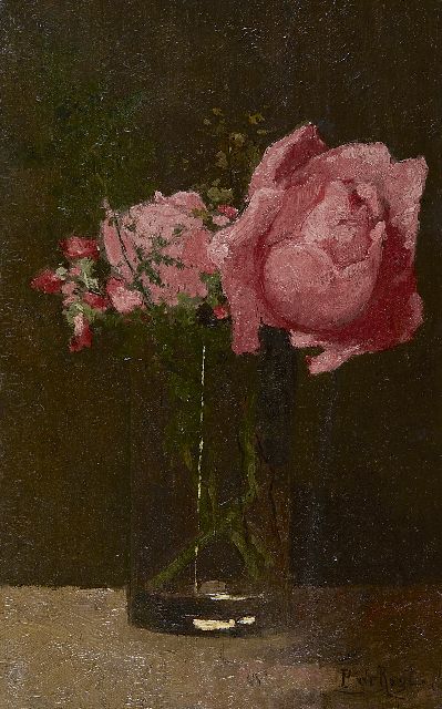 Piet Regt | Glas met rozen, olieverf op paneel, 30,4 x 20,7 cm, gesigneerd r.o.