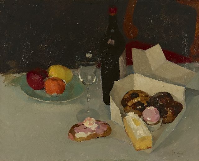 Frits Verdonk | Stilleven met wijnfles en gebakjes, olieverf op doek, 40,7 x 50,4 cm, gesigneerd r.o.