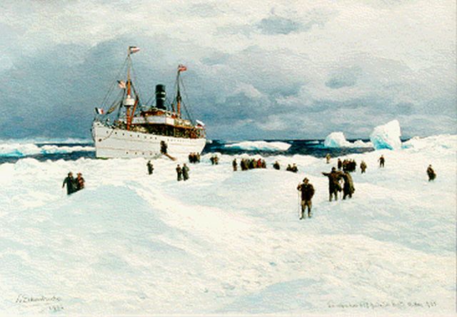 Karl Paul Themistocles von Eckenbrecher | De 'Oihonna' op het ijs bij Spitsbergen, olieverf op doek, 39,0 x 55,2 cm, gesigneerd l.o. en gedateerd 1905
