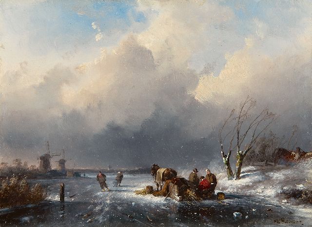 Charles Leickert | Landvolk bij een trekslede op het ijs, olieverf op paneel, 15,2 x 20,7 cm, gesigneerd r.o.