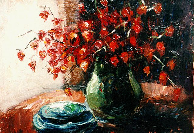 Eugène-Henri Cauchois | Stilleven met droogbloemen, olieverf op paneel, 18,8 x 24,4 cm, gesigneerd r.o.