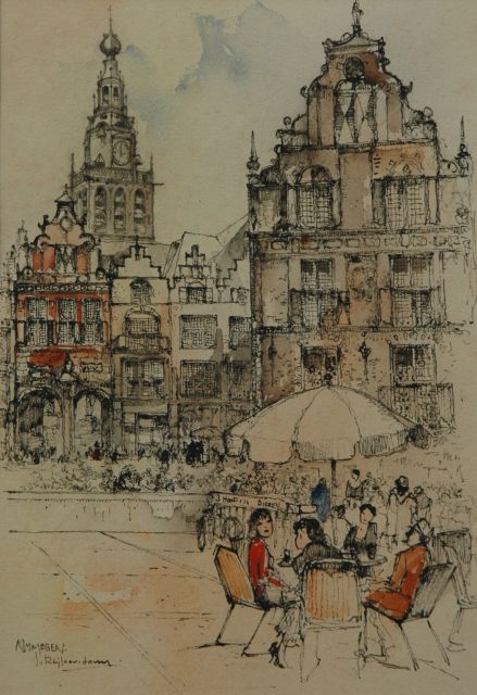 Jan Rijlaarsdam | Terrasje op de Grote Markt, Nijmegen, pen en inkt en aquarel op papier, 25,2 x 17,7 cm, gesigneerd l.o.