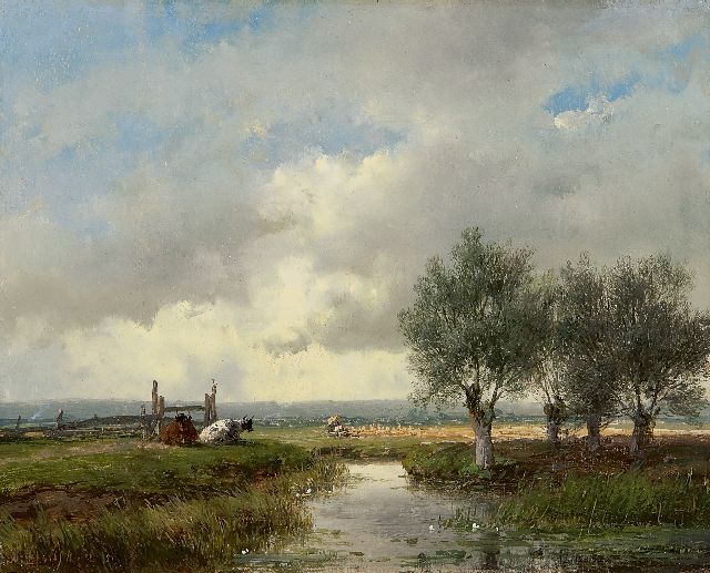 Andreas Schelfhout | Zomerlandschap met vee en hooiend landvolk, olieverf op paneel, 18,0 x 22,3 cm, gesigneerd l.o. en gedateerd '51