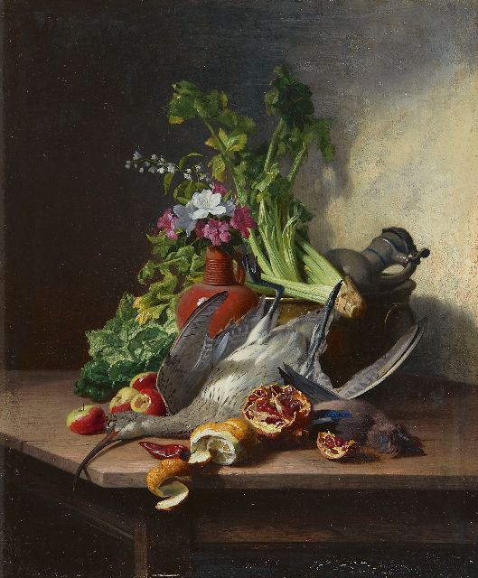 Noter D.E.J. de | Stilleven met houtsnip, een Vlaamse gaai, groente, fruit, bloemen en aardewerken kruiken, olieverf op paneel 32,3 x 27,2 cm, gesigneerd l.o.