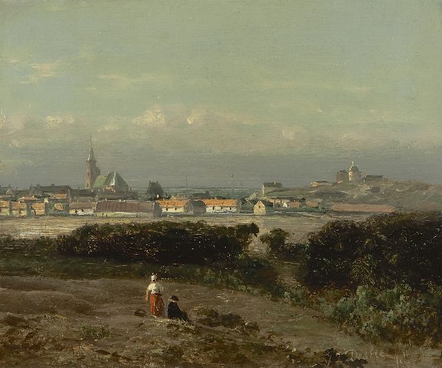 Johannes Josephus Destrée | Gezicht op Scheveningen vanuit de duinen, olieverf op paneel, 13,9 x 16,7 cm, gesigneerd r.o.