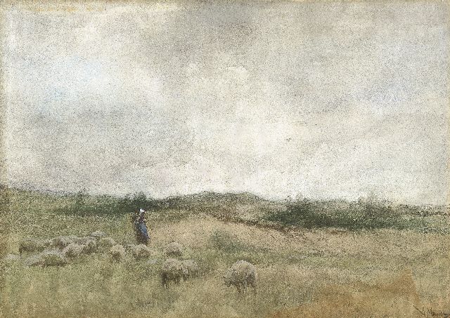 Anton Mauve | Herderin met haar kudde, aquarel op papier, 25,7 x 36,3 cm, gesigneerd r.o.