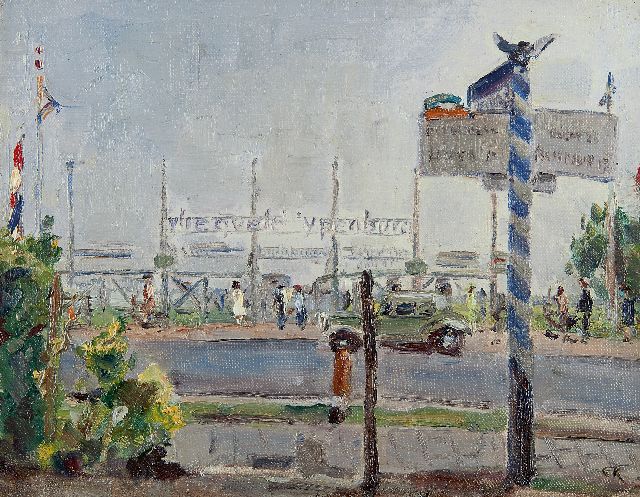 Hollandse Schook, begin 20e eeuw | Vliegveld Ypenburg bij Rijswijk, olieverf op doek, 24,4 x 30,2 cm, gesigneerd r.o. met initialen  CK