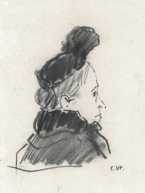 Cornelis Vreedenburgh | Studie van een vrouw met modieus hoedje, zwart krijt op papier, 10,3 x 9,3 cm, gesigneerd r.o. met initialen