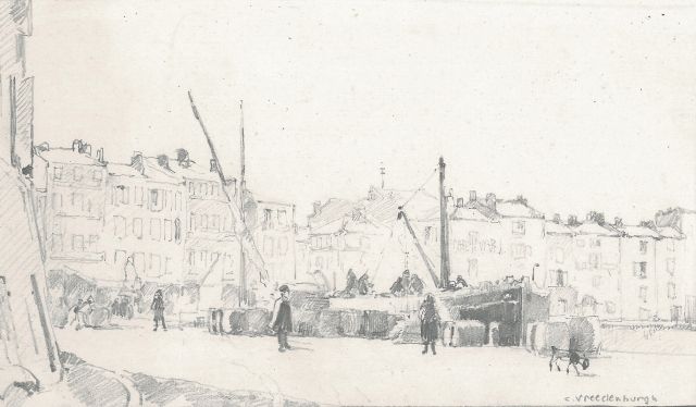 Cornelis Vreedenburgh | In- en uitladen van vracht aan de kade, potlood op papier, 10,9 x 18,9 cm, gesigneerd r.o.