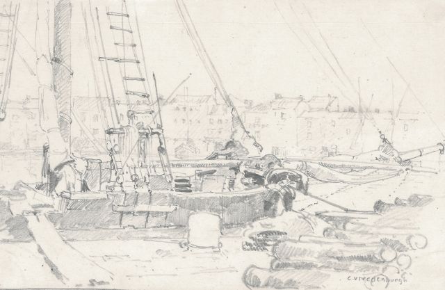 Cornelis Vreedenburgh | Vrachtschip aan de kade, potlood op papier, 12,7 x 19,9 cm, gesigneerd r.o.