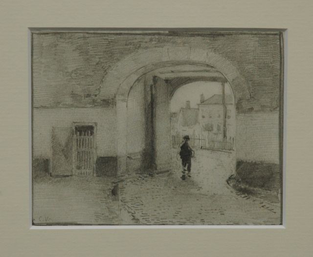 Cornelis Vreedenburgh | Wandelaar onder een stadspoort, potlood op papier, 12,5 x 15,8 cm, gesigneerd l.o. met initialen