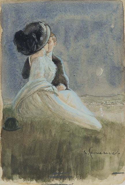 Bailie S.C.  | Clair de Lune: romance bij maanlicht, aquarel op papier 25,7 x 18,2 cm, gesigneerd r.o.