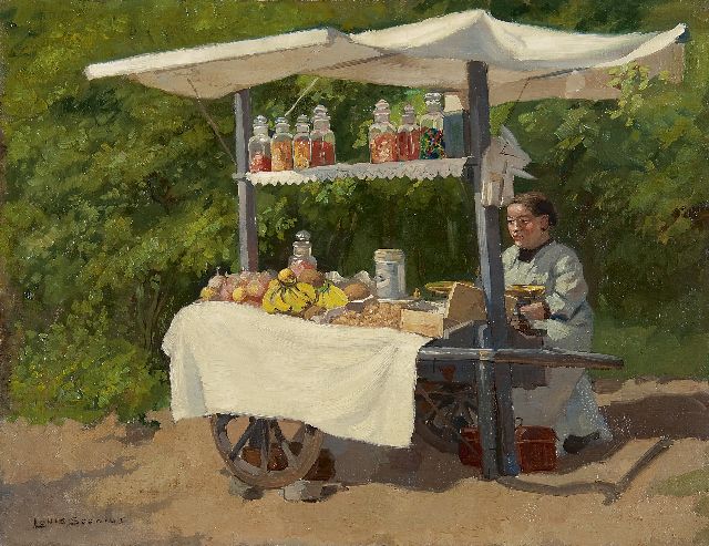 Louis Soonius | Vrouw met snoep- en fruitkar, olieverf op doek op paneel, 34,9 x 45,3 cm, gesigneerd l.o.