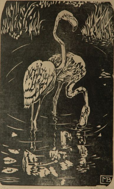 Bruigom M.C.  | Twee flamingo's, litho 49,0 x 32,4 cm, gesigneerd r.o. in de steen met monogram en r.o. voluit