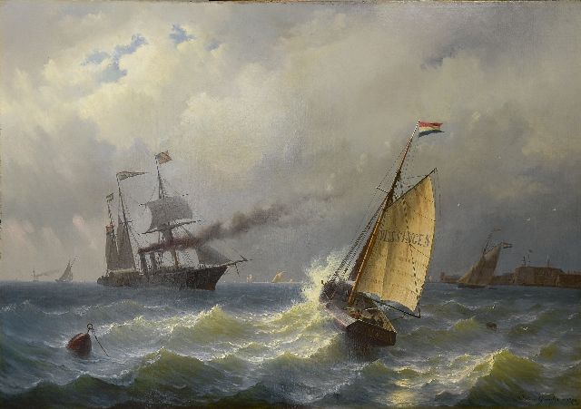 Willem Gruijter jr. | Loodskotter en raderstoomschip op de rede van Vlissingen, olieverf op doek, 90,8 x 131,8 cm, gesigneerd r.o. voluit en met mon. op de spiegel v.h. schip en gedateerd 1870