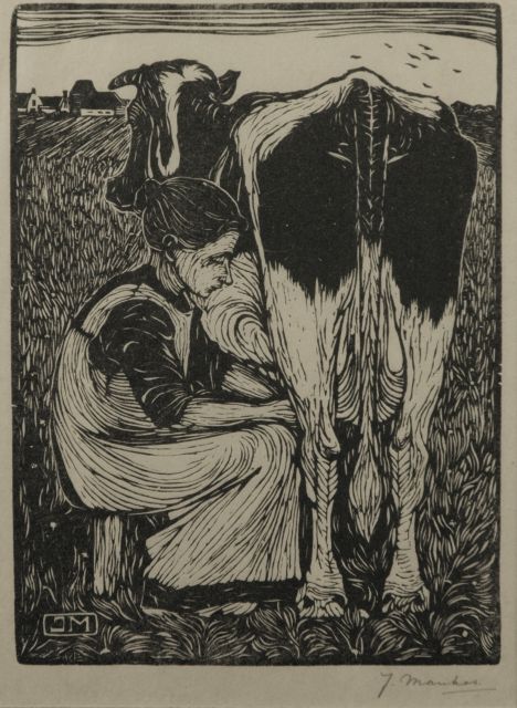 Jan Mankes | Koemelkster, houtsnede op papier, 19,1 x 14,2 cm, gesigneerd r.o. voluit (in potlood) en met mon. in het blok en te dateren 1914