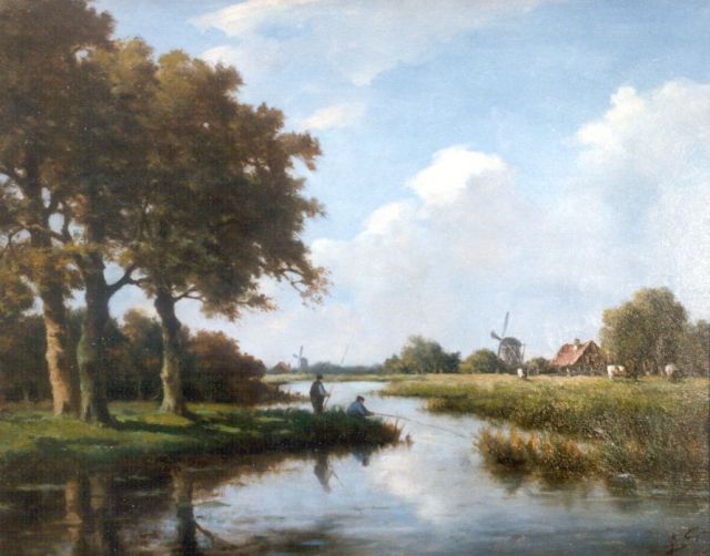 Adriaan Marinus Geijp | Hengelaars in polderlandschap, olieverf op paneel, 29,8 x 37,5 cm, gesigneerd r.o. mon