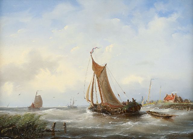Nicolaas Riegen | Uitzeilende vissersschepen, olieverf op paneel, 30,0 x 41,7 cm, gesigneerd l.o. (vaag)