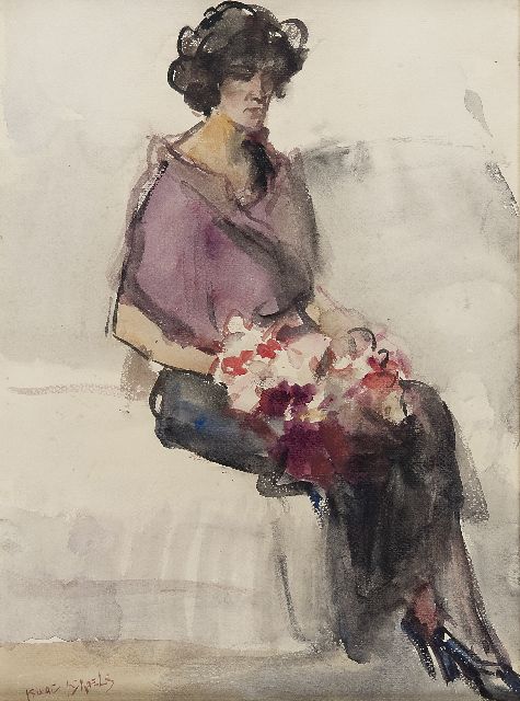 Isaac Israels | Zittende vrouw met boeket bloemen in Bern, aquarel op papier, 39,8 x 29,8 cm, gesigneerd l.o.