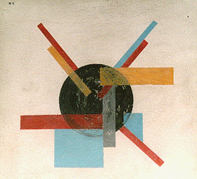 Kroha L.  | Suprematische compositie in zwart/rood geel en blauw, olieverf op paneel 25,1 x 25,7 cm, gesigneerd r.o.