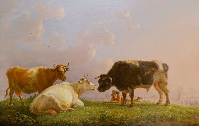 Jean Baptiste De Roy | Herdersjongen met koeien en stier, een stad in de verte, olieverf op paneel, 41,5 x 64,5 cm, gesigneerd r.o. en te dateren ca. 1825-1835