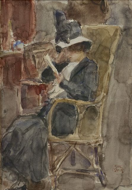 Isaac Israels | Vrouw met hoed, lezend, aquarel op papier, 50,7 x 35,4 cm, gesigneerd r.o.