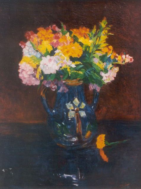 Engels P.A.M.  | Blauwe vaas met bloemen, olieverf op doek 61,0 x 46,0 cm, gesigneerd r.o.