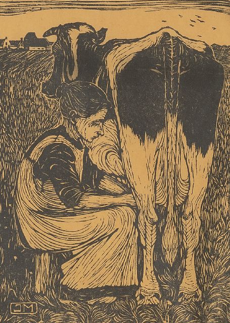 Jan Mankes | Koemelkster, houtsnede op papier, 19,2 x 14,2 cm, gesigneerd r.o. voluit (in potlood) en met mon. in het blok en te dateren 1914